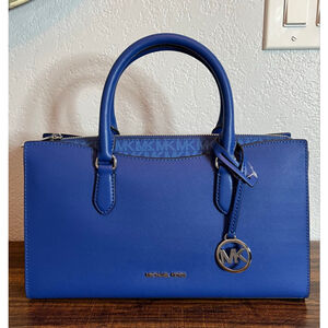 Michael Kors Galaxy Blue Medium Satchel with Logo Charm & Detachable Strap